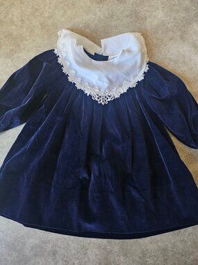 Vintage Petit Ami Navy Velvet Holiday Dress Lace Collar 24M